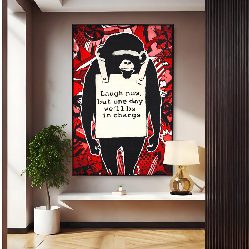 Tablou canvas cu tablou canvas cu cimpanzeu stilizat, in rama de aluminiu negru